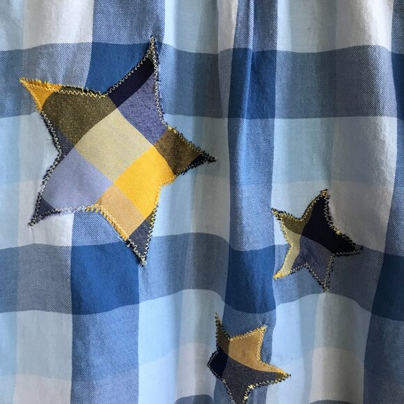 Mixed Plaid Button-Down Shirt, M-XL: Upcycled Oversized Boho Top, Stars & Fringe - Picture 5 of 10